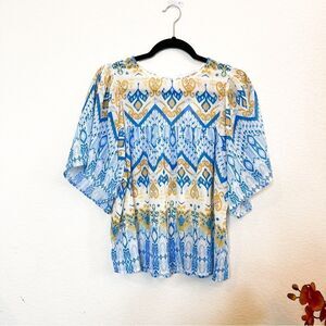 🍋 Flying Tomato • Women’s Boho Blue/Yellow Geometric Print Top Blouse Size S